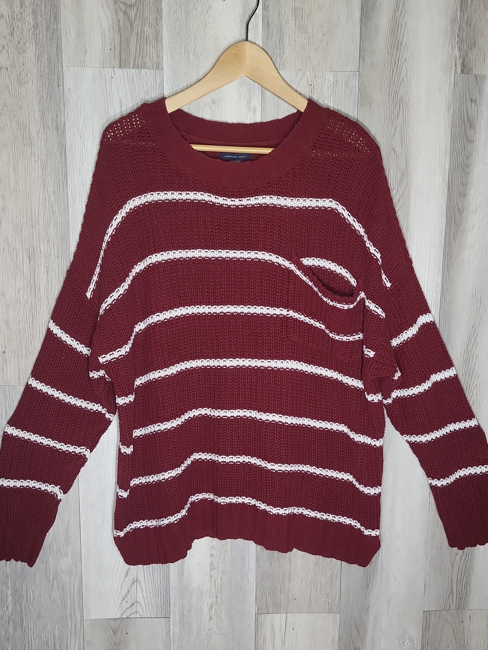 American Eagle Womens XL Oversized Knit Sweater Burgundy White Stripe Relaxed